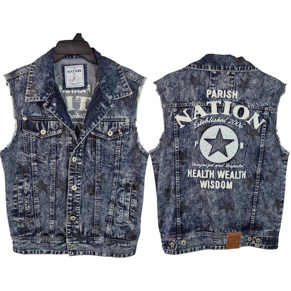 Parish Nation Blue Denim Embroidered Distressed Men's Vintage Vest Medium - Picture 1 of 1